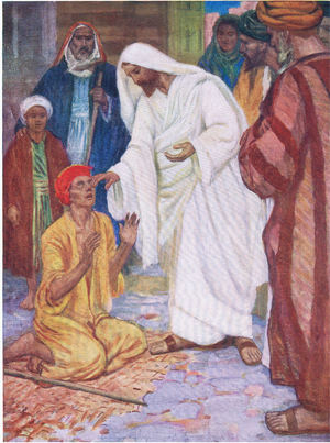 Jesus giving sight to the blind, from The Bible Picture Book published by Thomas Nelson, c.1950 (litho)