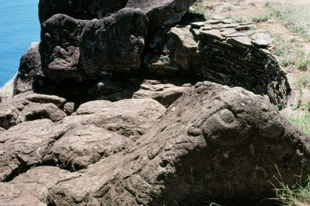 Petroglyphs of birdmen, Rocks in Orongo, on the slopes of Rano Raku volcano, Easter Island (photo)