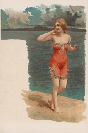 Pretty girl in bathing costume walking on the sand (colour litho)