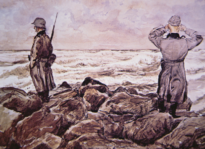 Two Germans on the coast of France look towards England on the eve of the Normandy campaign, 1944 (colour litho)