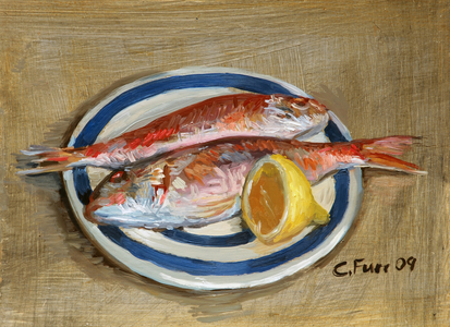 Two Red Mullets and Lemon, 2009 (oil on wood)
