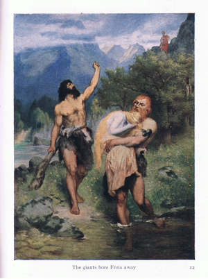 The giants bore Freia away, illustration from The Stories of Wagner's Operas pub. by George Harrap & Co Ltd 1932 (colour litho)