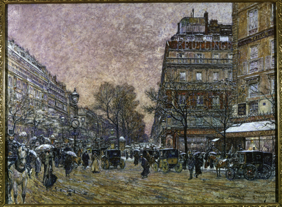 The Grands Boulevards, Cardinal Lemoine crossing, under the snow, Paris. Painting by Frederique Anatole Houbron, France, 1902 (oil on canvas)