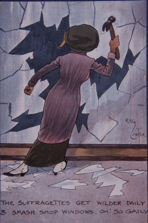 Suffragette smashes shop window in protest, c.1912 (colour litho)