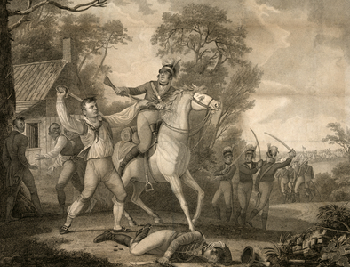 Peter Francisco's Gallant Action with Nine of Tarleton's Cavalry in sight of a Troop of Four Hundred Men, pub. 1814 (engraving)