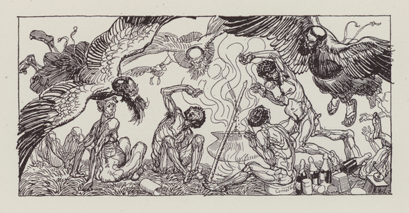 Harpies commanding Aeneas and his companions to leave the Strophades (litho)