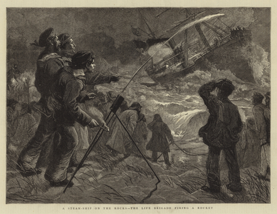 A Steam-Ship on the Rocks, the Life Brigade firing a Rocket (engraving)