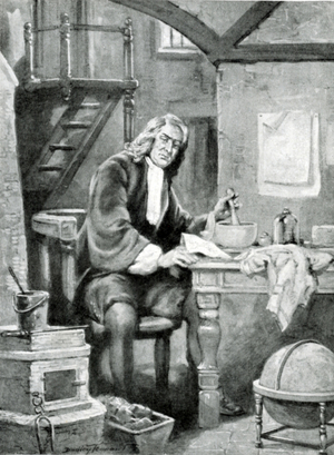 Sir Isaac Newton in his little room (litho)