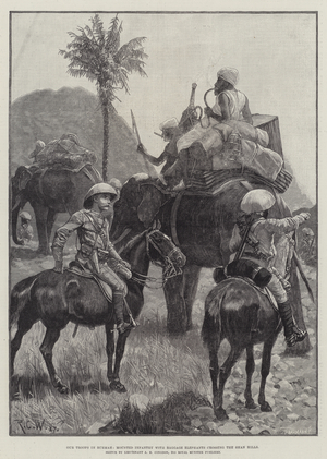 Our Troops in Burmah, Mounted Infantry with Baggage Elephants crossing the Shan Hills (engraving)