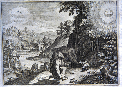 French Bible 1687. Moses at the Burning Bush.  Exodus 3. Wood engraving.
