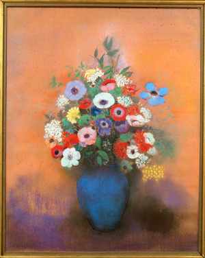 Anemones and lilacs in a blue vase