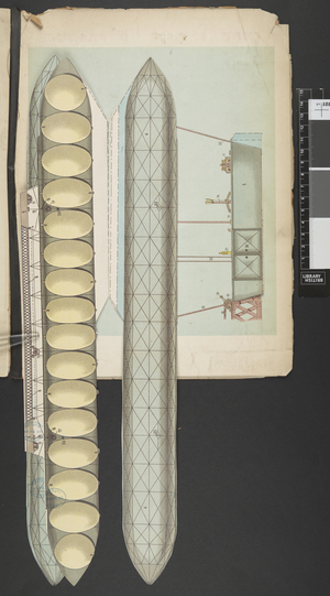 8767.m.37 Diagram of a Zeppelin airship.The Highway of the Air. An illustrated record of aviation ... Including a dissectible model of the Zeppelin airship.London ; New York : Funk & Wagnalls Co., 1909.