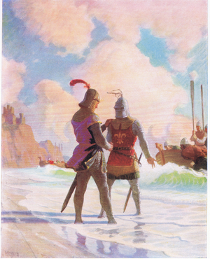 Bruce on the beach, from The Scottish Chiefs published by Charles Schribner's Sons, 1930 (colour litho)