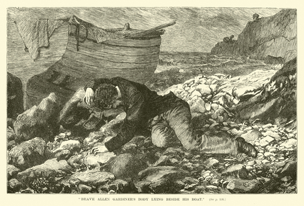 "Brave Allen Gardiner's body lying beside his boat" (engraving)