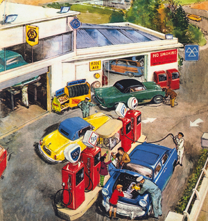 Garage, England, 1960s (colour litho)