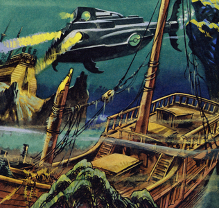 The Nautilus passed over the wrecked hulks of two French galleons (colour litho)