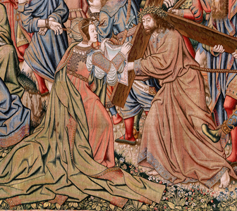 Flemish tapestry. Series The Passion of Christ; The way to Calvary and encounter with Veronica (Camino del Calvario y encuentro con la Verónica). First tapestry of those kept by National Heritage. Model Cartoonists from the circle of Jan van Roome and Bernard van Orley. Manufacture Pieter van Aelst, Brussels.Ca 1511-1518. Fabric Gold, silver, silk and wool.