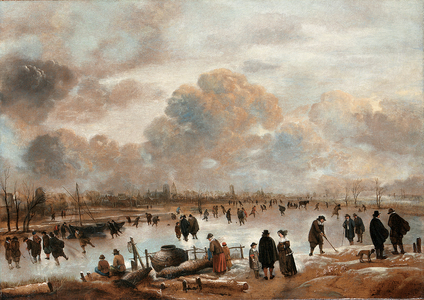 A Winter Landscape with Skaters and Townsfolk on a Frozen Waterway (oil on canvas)