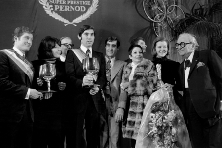 Cyclists Eddy Merckx, Luis Ocana and Bernard Theneret Receing Pernool Prize From Juliette Greco, Zizzi Jeamaire and Marcel Achard November 16, 1971 (b/w photo)