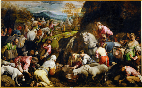The Israelites drinking the water which springs miraculously from the rock (painting on canvas)