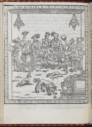 A woodcut depicting a medieval scene of a banquet.