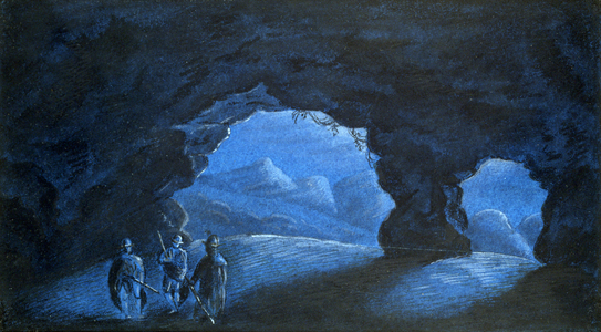Three Men in a Mountain Grotto', 1835. Blue wash with white highlights in gouache. Aurore Amadine Lucie Dupin (1804-1876) French novelist and feminist who wrote under the name of George Sand.'