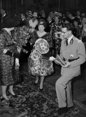 Queen Juliana of the Netherlands and her daughter Princess Beatrix with the King  Baudouin of Belgium at the Brussels town hall on May 10, 1960