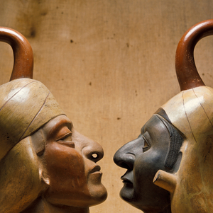 Moche ceramic vessels of two powerful Moche men., 1989 (photo)