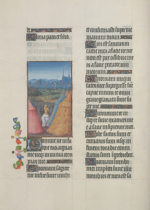 Ms. 65/1284 fol. 66v Psalm 37, David and his army march to a town, from 'Très Riches Heures du Duc de Berry' (vellum)