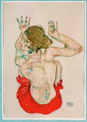 Female Nude Seated on Red Drapery, Back View (gouache, watercolor, and pencil)