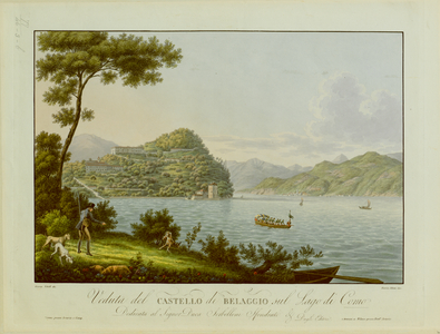 A huntsman and three hounds hunt on the shores of Lake Como near Varenna in the foreground, with a boat on the lake beyond and a view of Bellagio and mountains in the background