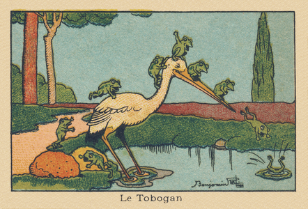 A heron's beak acts as a slide for frogs diving into the pond.” The Tobogan” ,1936 (illustration)