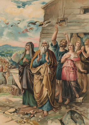 Noah, his family and the animals leaving the ark after the flood recedes (colour litho)