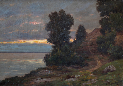 Chemin au bord de l'estuaire de la Gironde le soir,ciel d'orage (oil on canvas)
