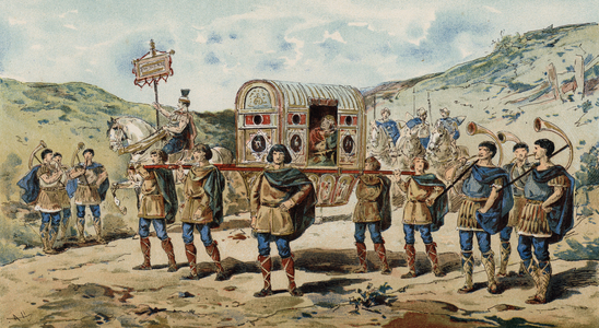 Litter with escort, accompanied by buccina players. time of Charlemagne, 9th Century (colour litho)