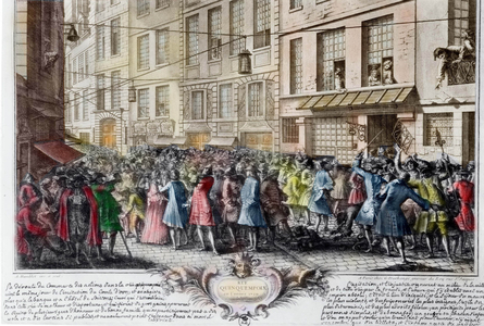 La rue Quincampoix in Paris, France in 1718: The street, near the Bourse, in which John Law established his Banque Generale in 1716: after a contemporary engraving