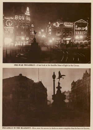 Piccadilly, London, before and during World War II (b/w photo)