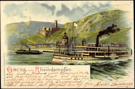 Litho Rhine steamer Overstolz with mountain landscape