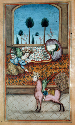 MS. Nezami, Lailah and the Archangel Gabriel appear to the sleeping Prophet and Al-Baruq, from the epic poem by Nezami (vellum)
