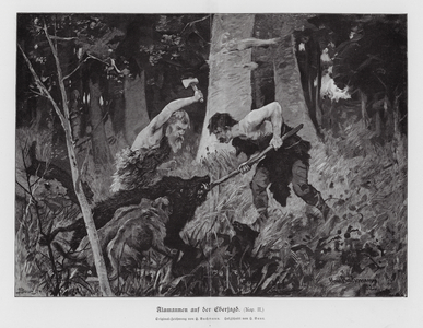 Alemanni hunting wild boar (engraving)