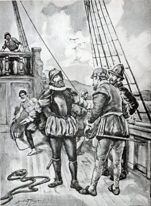 Magellan asserting his authority over Juan de Cartagena (litho)