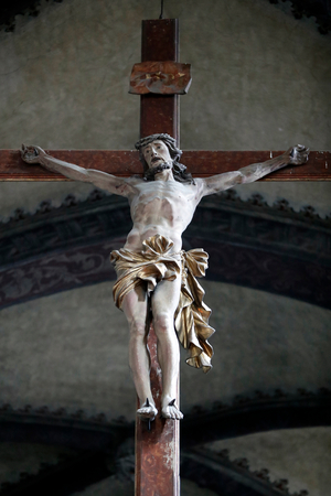 Church of Sant Orso, Jesus on the cross, Wood carven, Aosta, Italy (photo)