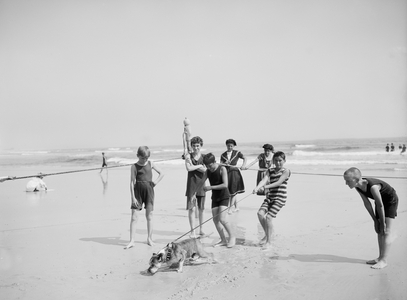 Group of Boys with Bulldog on Beach, USA, c.1905 (b/w photo)