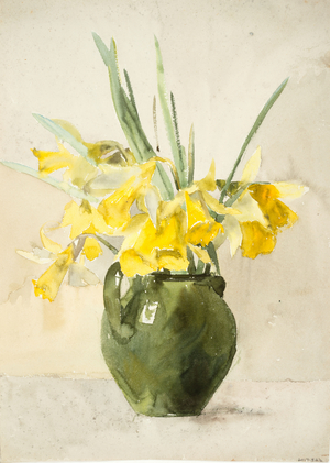 Bouquets of yellow flowers in a vase (w/c on wove paper)