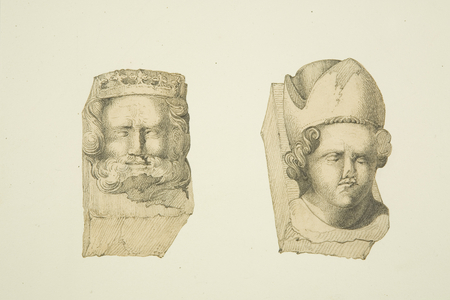 Corbels from St John's Chapel, Baldwin Street (now in Back Hall) (pencil & watercolour on paper)