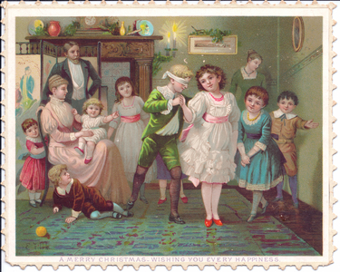 A Victorian Christmas card of children playing 'blindsman buff', c.1880 (colour litho)