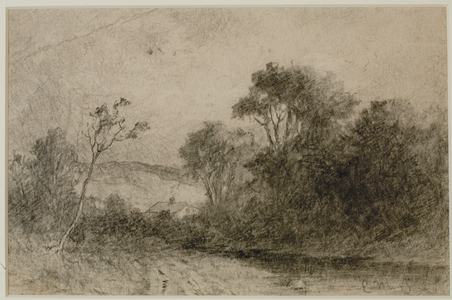 Landscape with roof tops behind trees (#49) c. 1880s (graphite on paper)