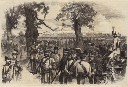 Review of Rifle Corps Volunteers in Hyde Park, Scene in the Park shortly before the Arrival of Her Majesty (engraving)