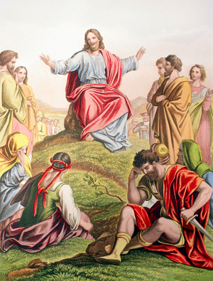 Jesus preaching the sermon on the mount, from The Holy Bible pub. by William Collins, Sons, & Company in 1869, chromolithograph by J.M. Kronheim & Co.