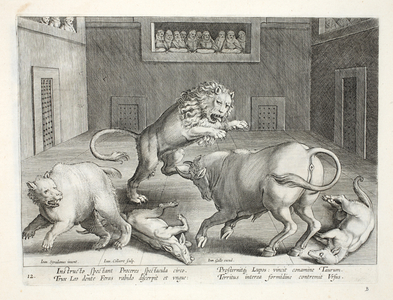 Noblemen watch combat of wild beasts in an indoor circus, illustration from 'Venationes, Ferarum, Avium, Piscium' (Of Hunting: Wild Beasts, Birds, Fish), engraved by Jan Collaert (1566-1628), pub. by Phillipus Gallaeus, Amsterdam (engraving)

